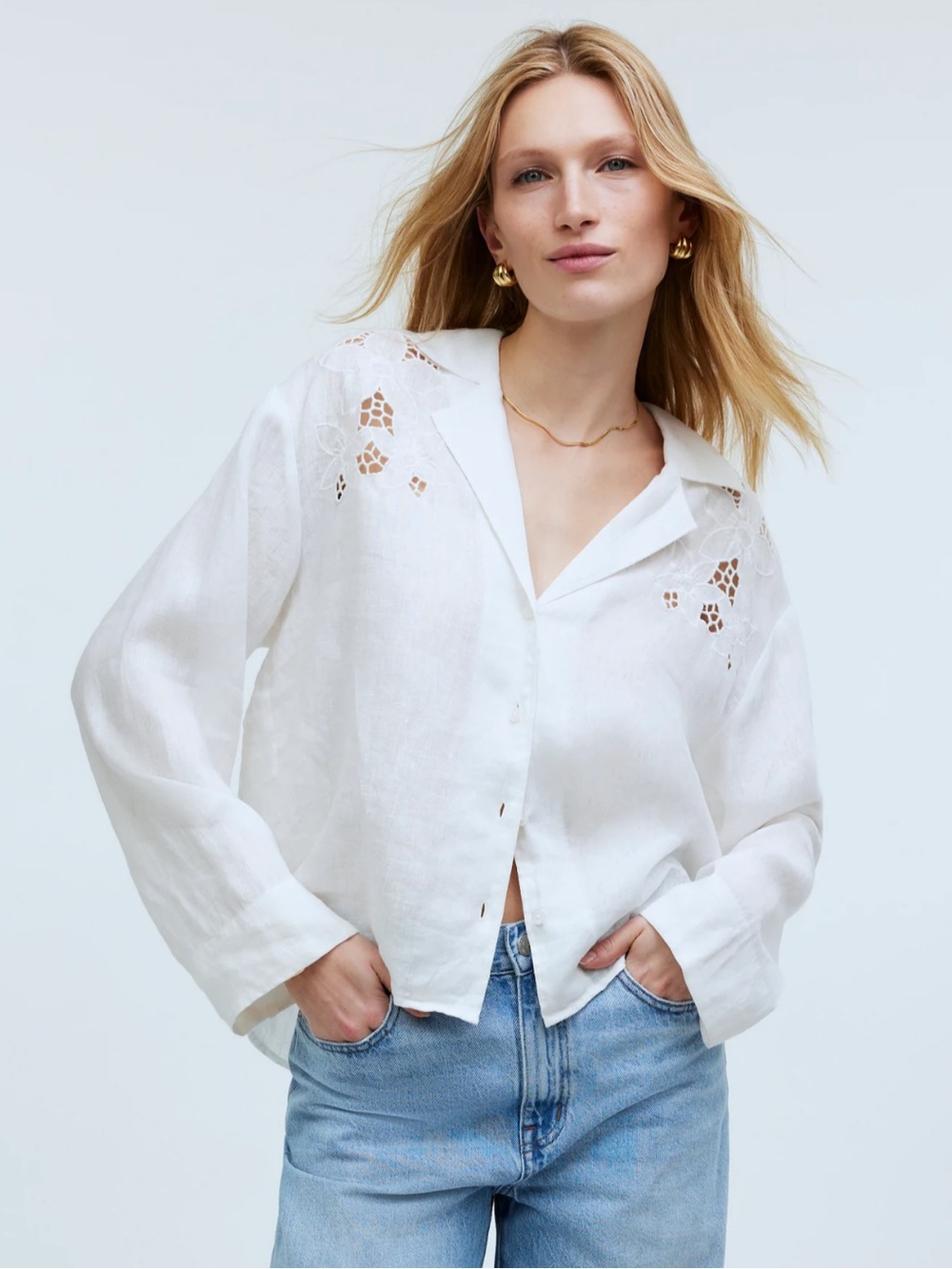 Madewell White Eyelet Linen Resort Long-Sleeve Shirt